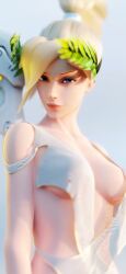 3d alternate_costume bare_shoulders blonde_hair blue_eyes clothed inner_sideboob looking_at_viewer mercy overwatch skimpy_clothes swiss_angel translucent_clothing underboob winged_victory_mercy