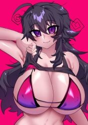 1girls 2022 ahoge belly_button bikini_top breasts crawling_dreams curly_hair female female_only huge_breasts long_hair looking_at_viewer nyarla_(crawling_dreams) osiimi purple_background purple_bikini_top purple_eyes purple_hair simple_background slim_waist smile top_lift