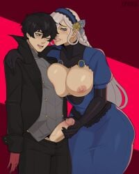 1boy 1girls aged_up akira_kurusu black_hair clothing elbow_gloves female gloves grey_eyes handjob huge_ass human joker_(persona) large_breasts large_penis larger_female lavenza male male/female pale_skin persona persona_5 phantom_thief_suit ren_amamiya thick_thighs white_hair wide_hips yellow_eyes zpark