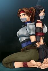 2girls arms_behind_back arms_tied_behind_back back_to_back barefoot black_hair bondage bound bound_ankles bound_arms bound_together bound_wrists breasts brown_eyes brown_hair clothed clothed_female feet female female_only femsub final_fantasy final_fantasy_vii gag gagged jessie_rasberry kneeling looking_at_viewer lostonezero multiple_girls multiple_subs restrained rope rope_bondage soles tape_gag taped_mouth tied_up tifa_lockhart toes