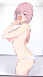 ass ass_cleavage blush breasts butt_crack cellphone convenient_arm cowboy_shot enosan eyebrows_visible_through_hair fate/grand_order fate_(series) female from_side hair_over_one_eye highres indoors large_breasts looking_at_viewer mash_kyrielight panties phone pink_eyes pink_hair reflection selfie short_hair skindentation smartphone solo sweatdrop topless underwear underwear_only white_panties