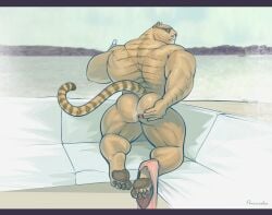 2017 anthro anus ass back_muscles bent_over beverage biceps big_muscles boat bottomwear bottomwear_down brown_pawpads clothed clothing detailed_background eyewear feet felid hi_res huge_muscles hybrid hyper hyper_muscles liger lion looking_back mainlion male male_focus mammal markings mostly_nude muscular muscular_anthro muscular_male outside pantherine pants pants_down partially_clothed pawpads paws plantigrade presenting purrcules_(character) quads smile solo spread_anus spread_butt spreading stripes sunglasses text thick_thighs tiger underwear vehicle water watercraft