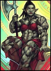 1girls abs breasts dreadlocks female_only green_skin janrock lips muscles muscular_female nipple_bulge orange_eyes orog perky_breasts pointy_ears red_lipstick solo_female tattoos thick_thighs thighs