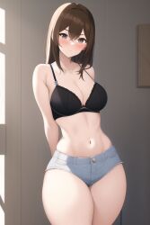 1girls ai_generated black_bra bra breasts brown_eyes brown_hair cleavage denim_shorts female female_only megan_foster nai_diffusion navel original shorts solo stable_diffusion thighs white_skin