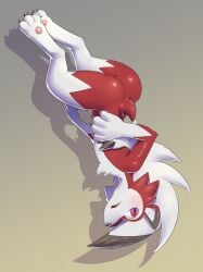 1boy ass blush lkiws lycanroc male male_only midnight_lycanroc nintendo open_mouth pokemon solo tongue upside-down wolf