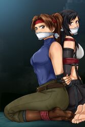 2girls arms_behind_back arms_tied_behind_back back_to_back barefoot black_hair bondage bound bound_ankles bound_arms bound_wrists breasts brown_eyes brown_hair cloth_gag clothed clothed_female feet female female_only femsub final_fantasy final_fantasy_vii gag gagged jessie_rasberry kneeling looking_at_viewer lostonezero multiple_girls multiple_subs restrained rope rope_bondage soles stuffed_mouth_gag tied_up tifa_lockhart toes