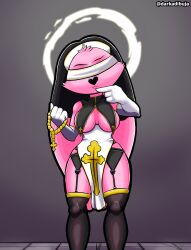 absurd_res anthro armwear clothing darkadibuja elbow_gloves female fur gloves handwear hi_res lagomorph leporid lingerie mammal nun nun_outfit pink_body pink_fur rabbit solo stockings