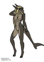 2019 anthro blonde_hair blue_eyes breasts evgheshkafx female fish genitals gills hair hand_behind_head hi_res light_brown_body long_hair looking_at_viewer marine markings nipples nude presenting presenting_breasts presenting_pussy pussy sasha_akulova shark shark_tail simple_background slim solo spots spotted_markings standing