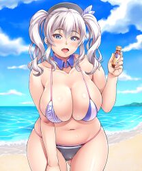 ass_visible_through_thighs beach belly beret bikini blue_eyes blush breasts curvy day detached_collar fat female hat highres kantai_collection kashima_(kantai_collection) large_breasts lawson looking_at_viewer navel open_mouth plump silver_hair skindentation solo swimsuit thick_thighs thighs tsurime twintails wavy_hair wide_hips yoohi