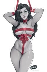 1girls asami_sato avatar_the_last_airbender black_hair female female_only gift green_eyes large_breasts looking_at_viewer naked_ribbon nickelodeon owler ribbon ribbon_bondage solo the_legend_of_korra thick_thighs thighs voluptuous wrapped_up