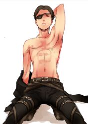 1boy abs arm_behind_head attack_on_titan black_hair_male dark_marco eyepatch male_focus male_only marco_bodt on_knees pants_only posing red_eyes shingeki_no_kyojin