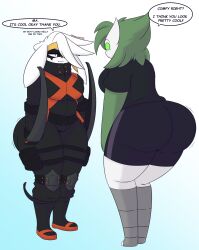 alex(dewwydartz) ass big_ass big_breasts crossover dewwydartz dialogue eva(dewwydartz) female game_freak gardevoir gradient_background katsuki_bakugou_(cosplay) my_hero_academia nintendo pokemon pokemon_(species) raboot speech_bubble straight_hair tagme text thick_thighs