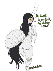 absurd_res antennae_(anatomy) arthropod arthropod_abdomen ass black_hair cira_(medicinalsucc) dialogue female flower_mantis green_eyes hair hi_res humanoid insects long_hair mantis medicinal_succ multi_arm multi_limb nervous noseless orchid_mantis ovipositor solo