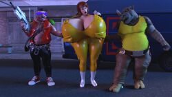 1girls 2boys 3d april_o'neil april_o'neil_(tmnt_1987) bebop bimbo huge_breasts hyper_bimbo jackd22 large_breasts rocksteady straight_hair teenage_mutant_ninja_turtles