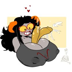 1boy 1girls aradia_megido big_breasts big_penis black_hair blush breasts clothing cumming diphallia diphallism errorplush exhausted female glasses grey_skin heart homestuck horns long_hair male ms_paint_adventures multi_penis nipple_bulge nipples paizuri penis pointy_ears red_lips short_hair smile sollux_captor straight troll white_background white_hair yellow_eyes yellow_penis