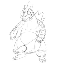 alligator alligatorid animal_genitalia anthro crocodilian erect feraligatr genitals guide_lines lewd_latte looking_at_viewer low_res male male_only nintendo pokémon reptile scalie sheath sketch solo standing video_games