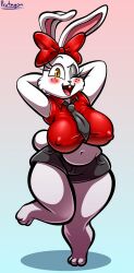 arm_behind_head big_breasts bow breasts female freckles fur nipple_bulge protagon rabbit slightly_chubby thick_thighs violet_(sssonic2) wide_hips wink