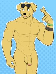 abs anthro balls biceps bird_dog black_eyes blue_background bojack_horseman broad_shoulders canid canine canis clothing domestic_dog dotted_background elbow_tufts eyewear eyewear_on_head foreskin fur genitals golden_retriever hi_res humanoid humanoid_genitalia humanoid_hands humanoid_penis hunting_dog jrjresq labrador looking_at_viewer looking_away male male_only mammal mr._peanutbutter muscular muscular_anthro muscular_male navel netflix pattern_background penis retriever shoulder_tuft simple_background solo standing sunglasses sunglasses_on_head swimwear tongue tongue_out tuft vein veiny_penis yellow_body yellow_fur