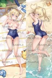 ass ass_grab barbara_(genshin_impact) barbara_(summertime_sparkle)_(genshin_impact) bare_legs barefoot beach beach_towel blonde_hair blue_eyes blue_nails blue_swimsuit blush breasts breasts_out closed_mouth clothes_pull clothing_aside commentary covered_navel covered_nipples crab daefny dakimakura_(medium) day double_v drill_hair eyebrows_visible_through_hair female flower from_above full_body furrowed_brow genshin_impact grabbing_own_ass hair_between_eyes hair_intakes heart highres knees_together_feet_apart leaf looking_at_viewer lying medium_breasts medium_hair multiple_views nail_polish nervous_smile nipples no_hat no_headwear nun ocean official_alternate_costume on_back on_stomach one-piece_swimsuit outdoors partially_undressed pussy pussy_juice rubber_duck sample_watermark sand_writing seashell shade shell sideboob skin_tight smile soles spread_ass spread_pussy starfish swimsuit swimsuit_aside swimsuit_pull thighs toenail_polish toenails towel twin_drills twintails uncensored v water wet white_flower zi_tong_zhi_lei