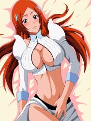 1girls big_breasts bleach breasts center_opening clothed clothed_female dress female female_only huge_breasts inoue_orihime kame_(artist) long_hair midriff orange_hair revealing_clothes solo solo_focus