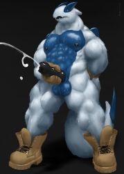 abs anthro balls bara biceps big_balls black_background black_nipples black_penis black_tongue blue_balls blue_body blue_feathers blue_scales bodily_fluids boots boots_only clothing cum cum_drop cumshot donovan_(tjloog) ejaculation feathers footwear footwear_only genital_fluids genitals gloves hand_on_butt handwear hi_res humanoid knot legendary_pokémon lugia male male_only masturbation mostly_nude muscular nintendo nipples pecs penis pokemon pokemon_(species) scales shoes shoes_only simple_background solo sweat tjloog tongue video_games white_body white_feathers