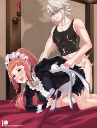 1boy 1girls all_fours arm_grab blush chungmechanic clothed_female_nude_male corrin_(fire_emblem) corrin_(fire_emblem)_(male) cum cum_inside doggy_style felicia_(fire_emblem) fire_emblem fire_emblem_fates looking_pleasured maid maid_headdress nintendo on_bed ponytail rolling_eyes tongue_out