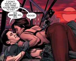 1boy 1girls batman_(series) comic dc dc_comics dick_grayson female helena_bertinelli huntress_(dc) imminent_sex jeromy_cox lifting_shirt male new_52 nightwing official official_art stephen_mooney