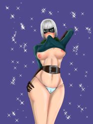 bandit_(clash_royale) belt big_breasts biting_clothes blush blushing breast breasts cameltoe clash_(series) clash_royale female female_only flashing flashing_breasts gloves looking_at_viewer mask masked masked_female no_pants panties pussy_outline shiny shiny_skin shirt shirt_lift solo solo_female white_hair