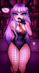 1girls blowjob_gesture bunnysuit cleavage clover_jello danganronpa danganronpa_1 fellatio_gesture fishnets gloves heart-shaped_pupils kirigiri_kyouko large_breasts long_hair necktie necktie_between_breasts pink_hair smooth_skin solo suggestive_gesture tongue_out