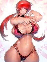 1girls 2022 barely_clothed barely_contained belly_button bikini breasts female female_only fumio_(rsqkr) hair_over_eyes hips huge_breasts king_of_fighters long_hair pointing red_bikini red_hair shermie_(kof) simple_background slim_waist snk thick_thighs thighs twintails wide_hips