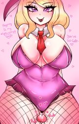 1boy 1girls akamatsu_kaede blonde_hair bunny_ears cleavage clover_jello danganronpa danganronpa_v3 dialogue fishnets heart-shaped_pupils large_breasts long_hair looking_at_viewer male_pov necktie necktie_between_breasts pov straight_hair text thigh_sex