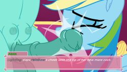 breasts crotchboobs dialogue horsecock imminent_oral lightning_dust_(mlp) my_little_pony rainbow_dash_(mlp) slapping_with_penis