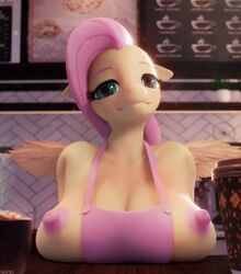 2022 3d_(artwork) absurd_res anthro apron apron_only areola big_breasts breasts clothing digital_media_(artwork) equid equine eyebrows eyelashes female fluttershy_(mlp) friendship_is_magic front_view hevexy hi_res huge_breasts huge_filesize mammal mostly_nude my_little_pony nipples pegasus solo straight_hair wings