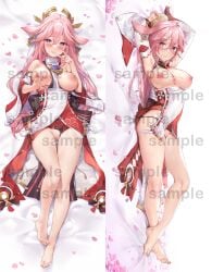 animal_ears armpits arms_up ass_visible_through_thighs bangs bare_legs barefoot bed_sheet between_breasts black_panties blush body_pillow body_pillow_design breasts breasts_out cherry_blossoms clothes_between_breasts clothing_aside commentary crossed_bangs cum cum_in_pussy cum_inside cum_on_body cum_on_breasts cum_on_clothes cum_on_hair cumdrip daefny dakimakura dakimakura_(medium) detached_sleeves earrings eyebrows_visible_through_hair facial female floral_print flower_knot fox_ears fox_shadow_puppet from_above full_body furrowed_brow genshin_impact grabbing_own_breast hair_between_eyes headpiece heart heart-shaped_pupils highres japanese_clothes jewelry lips long_hair looking_at_viewer lying medium_breasts miko multiple_views necklace nipple_tweak nipples obi on_back panties panties_aside parted_lips petals pink_hair purple_eyes pussy sakuramon sample_watermark sash self_fondle side-tie_panties sideboob simple_background smile symbol-shaped_pupils tassel thigh_gap thighs uncensored underwear white_background wide_sleeves yae_miko zi_tong_zhi_lei