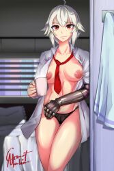 1girls ahoge carmach101 coffee dana_zane necktie necktie_between_breasts panties red_eyes robotic_arm short_hair solo tomboy topless va-11_hall-a white_hair