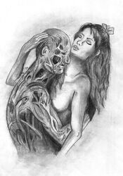 breasts detailed female freddy_krueger hugging human male monochrome nightmare_on_elm_street nude realistic side_view straight tagme