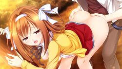 areolae ass bent_over blush breasts female forest game_cg hairband kimishima_ao legs mitsu_king nipples no_bra no_panties open_clothes open_mouth orange_hair otome_ga_kanaderu_koi_no_aria red_eyes saliva short_hair skirt skirt_lift small_breasts sunlight sweat thighs trees tsukahara_izumi yukishiro_kotori zinno