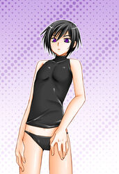 beige_skin black_hair black_panties clothes code_geass color female female_only flat_chest front_view hair lelouch_lamperouge luluko open_eyes panties purple_eyes round_ears rule_63 short_hair sleeveless_shirt solo standing underwear yorushin