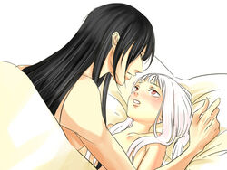 1boy 1girls bed black_hair blush code_geass female li_xingke long_hair male radio_(pixiv) red_eyes tianzi topless white_hair