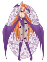 arms_up bat_wings big_breasts breasts capcom cleavage clothing code_geass cosplay darkstalkers elbow_gloves female gloves head_wings headwings large_breasts leotard long_hair luciano_bradley medium_breasts morrigan_aensland morrigan_aensland_(cosplay) okuretun orange_hair pantyhose purple_eyes rule_63 very_long_hair wings