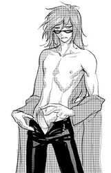 1boy erect_penis erection glasses grell_sutcliff kuroshitsuji long_hair male male_only monochrome penis_out solo tagme very_long_hair