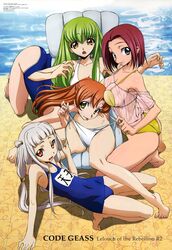 4girls beach c.c. code_geass female female_only green_hair kallen_stadtfeld multiple_girls orange_hair red_hair school_swimsuit shirley_fenette swimsuit swimwear tagme tianzi white_hair