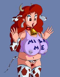 1girls animal_ears animal_humanoid bell big_breasts bimbo bovine breast_expansion breasts captain_syrup collar cow_accoutrements cow_girl cow_horns cow_print cowbell crotchless_panties female female_only huge_breasts human lactation large_breasts long_hair mario_(series) moo_bitch shocked sleeves solo stained_clothes standing straight tagme tail thighhighs treated_like_a_cow wario_land wildswingding