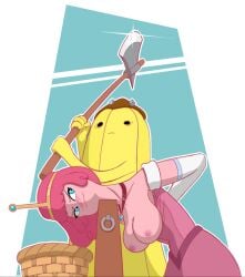 1boy 1girls adventure_time artist_request axe banana_guard blue_eyes breasts breasts_out chopping_block crown dress dress_pull execution exposed_breasts hands_behind_back imminent_death imminent_decapitation kneeling necklace pendant pink_dress pink_hair pink_skin princess princess_bubblegum reluctant revolution royalty weapon