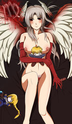 angel_wings blood blush breasts dildo doll elbow_gloves final_fantasy final_fantasy_tactics final_fantasy_tactics_(original) gloves grey_hair head_wings highres knife long_hair nipples nude pointy_chin pubic_hair ramza_beoulve smile ticktank ultima ultima_(fft) wings