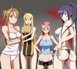 4girls antenna_hair apron ass blonde_hair blue_eyes bottom breasts brown_eyes brown_hair cleavage erect_nipples female female_only glasses hair harem highschool_of_the_dead hotd huge_ass large_breasts long_hair looking_back medium_breasts megane meganekko mound_of_venus multiple_girls navel nipples no_pants panties pink_hair purple_hair rei_miyamoto ribonzu saeko_busujima saya_takagi shizuka_marikawa side-tie_panties sideboob smile tank_top thong tied_hair twintails underwear