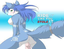 anthro ass back_view black_nose blue_fur blue_hair blush breasts color english_text female fox fur furry furry_ass furry_breasts furry_ears furry_tail green_eyes hair krystal male nintendo open_eyes penis pointy_ears pussy_juice star_fox tail text video_games vulva white_fur yiffmasters