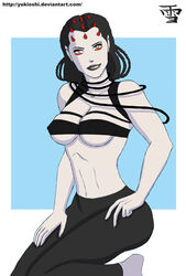 1girls 5_fingers alien alien_girl artist_name barefoot big_breasts black_hair breasts clothed clothed_female clothes clothing color colored dark_hair deviantart english english_text erect_nipples erect_nipples_under_clothes eyeshadow female female_focus female_only gray_lipstick happy horn horns humanoid lipstick long_hair looking_at_viewer makeup maris_brood midriff navel nipple_bulge no_bra no_humans on_knees open_eyes orange_eyeshadow pants revealing_clothes round_ears simple_background sitting smile smiling solo solo_female solo_focus star_wars tagme text the_force_unleashed uncensored url web_address white_skin yellow_eyes yukioshi zabrak