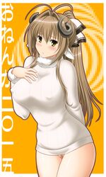 amagi_brilliant_park antenna_hair blush bow breasts brown_eyes female female long_hair looking_at_viewer pussy sento_isuzu solo sweater tanuki_yousuke