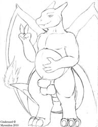 anthro belly charizard claws fire front_view male male_only monochrome nintendo nude penis pokemon pokemon_(species) solo tagme tail tail_fire